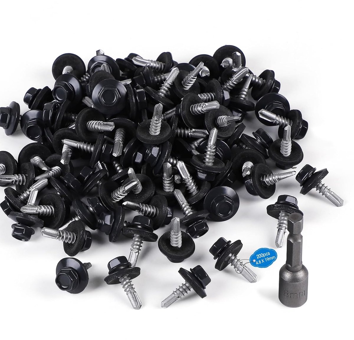 SnelShoppen - 200 Zelftappende Schroeven 4.8 x 19 mm Hexagon Spengler Schroeven met Afsluitring, Dakschroeven, Verzinkt, Grijs, Inclusief 1 Hex Bit St