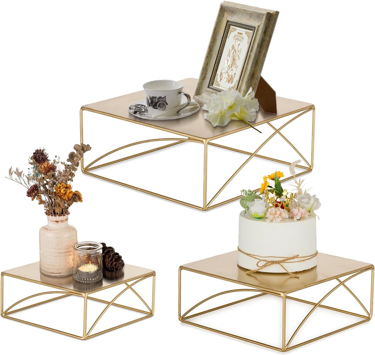 SnelShoppen - Cake Stand Cupcake Wedding Display Set van 3 - Vintage Gouden Vierkante Metalen Pedestal voor Verjaardag, Baby Shower, Kerst en Thee Par