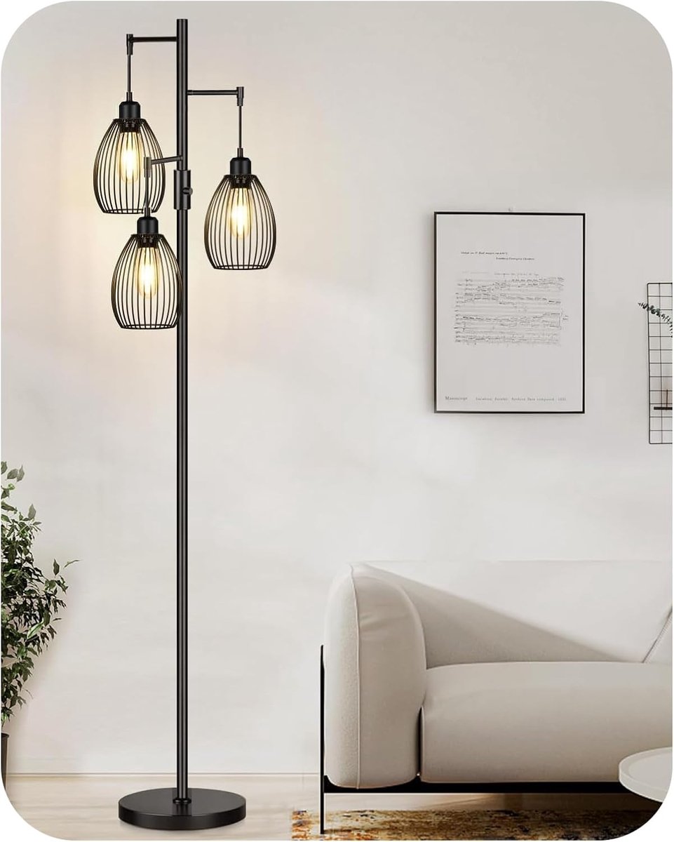 Home & Beyond® Dimbare Industriële Vloerlamp met 3 LED-Lampen - Staande Leeslamp - Mat Zwart - 178 cm
