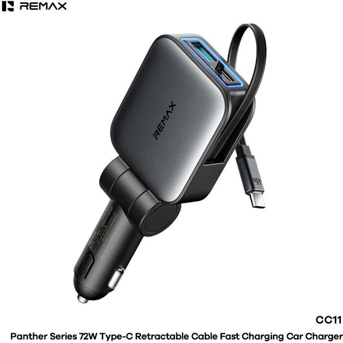 Remax CC11 Panther - Autolader - 72W - Intrekbare USB-C kabel - Tarnish