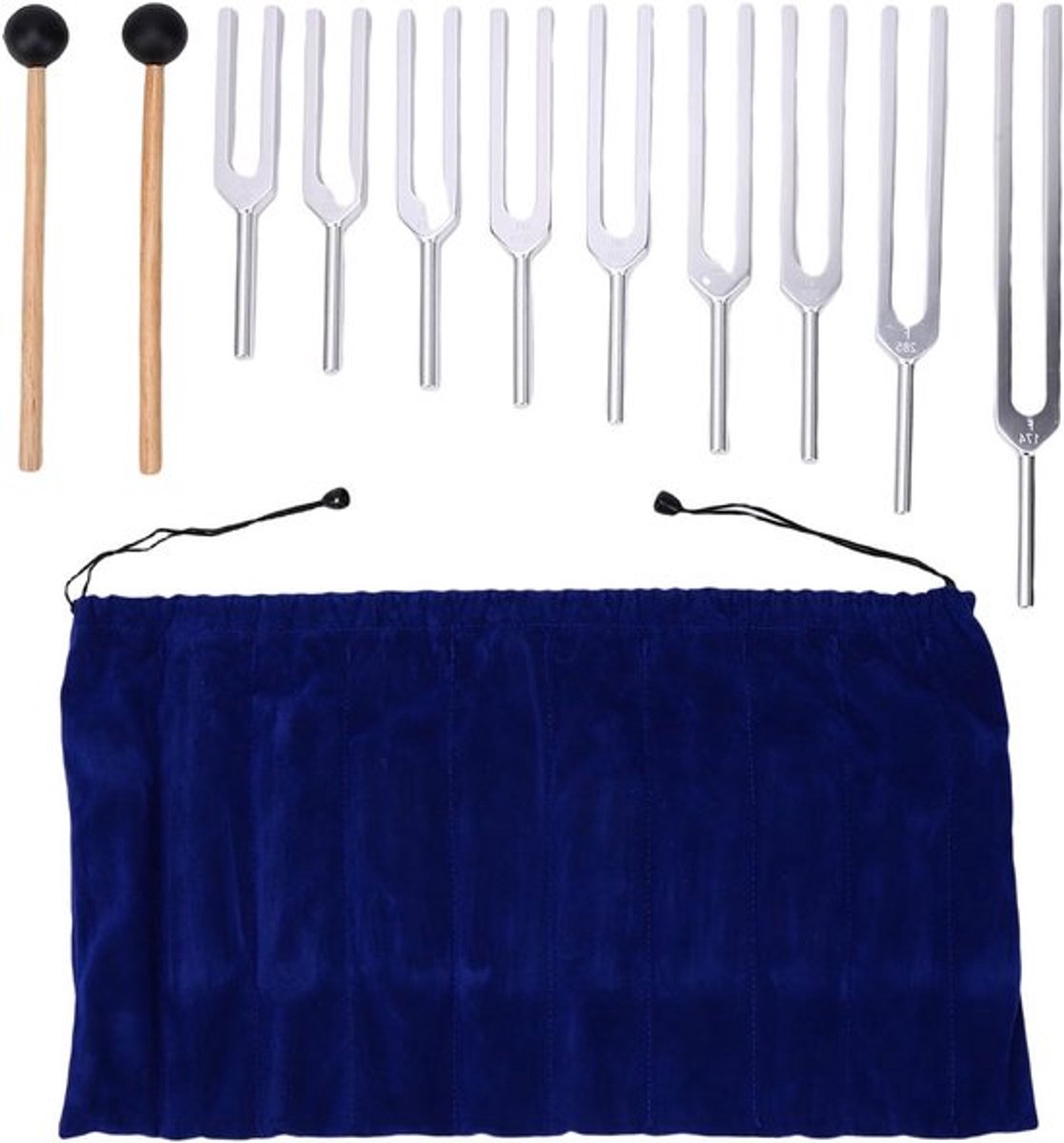 9-delige Tuning Fork Set van Aluminium Legering met Houten Handvat voor Genezing en Meditatie - Frequenties 174Hz, 285Hz, 396Hz, 417Hz, 528Hz, 639Hz, 741Hz, 852Hz, 963Hz