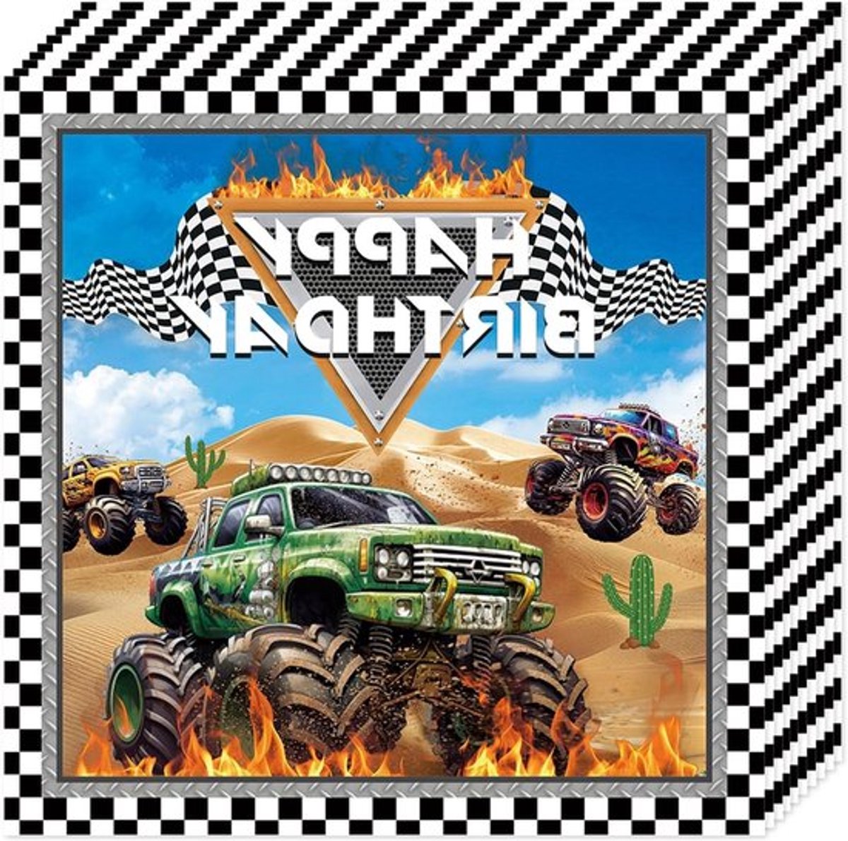 Monster Truck Rallye servetten voor verjaardagen, raceauto design, zwart-wit geruite rand, offroad thema, 20 stuks, feestdecoratie en tafelaccessoires