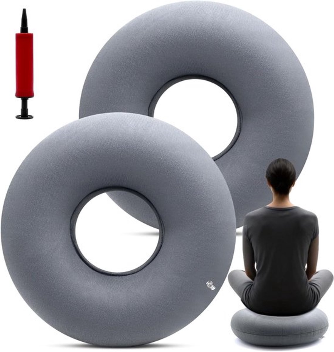 Ronde Opblaasbare Kussen voor Aambeien en Coccyx Pijnverlichting - 35cm Zittend Ring Kussen met Pomp voor Comfort en Ondersteuning (Grijs)