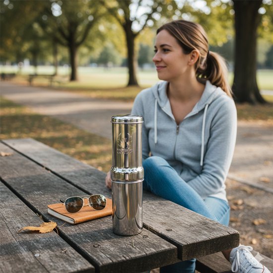 Phoenix Gravity 1 liter waterfilter op een picknicktafel in het park