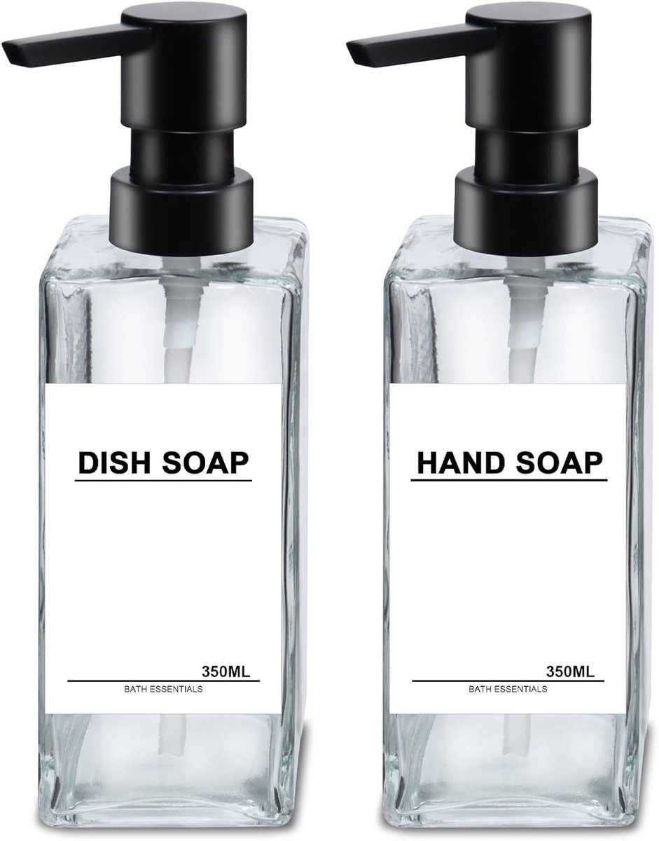 Set van 2 Transparante Zeepdispensers van Glas 350 ml - Modern Shampoo- en Vaatwasmiddel Dispenser met Pomp voor Keuken en Badkamer