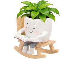 SnelShoppen - Jokapy Schommelstoel Bloempot met Glimlachend Gezicht, Schattige Plantenbak van Kunsthars, Kleine Bloempot met Afvoergat, Witte Vetplant