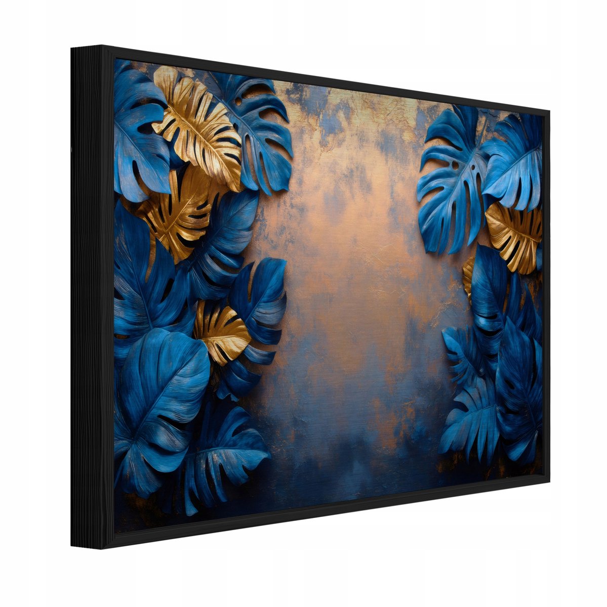WALLARENA Schilderij op geborsteld aluminium met zwarte lijst 120x80 cm - bladeren op betonlook in loftstijl - wanddecoratie voor woonkamer en slaapkamer Blauw