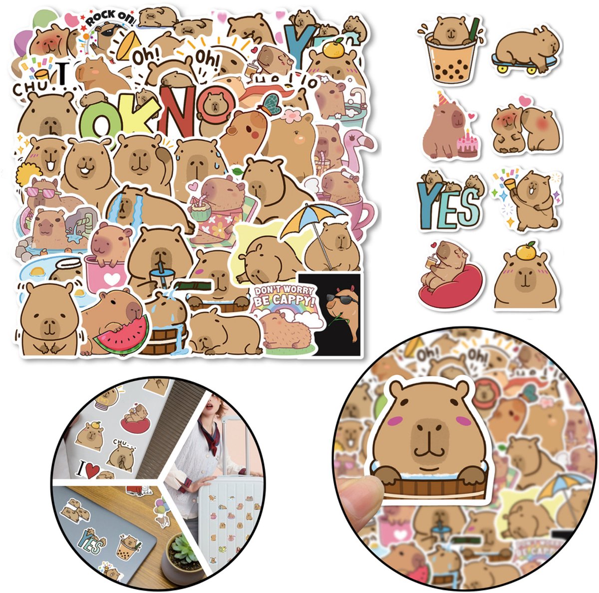Set Capibara papieren stickers verschillende patronen 100 stuks.