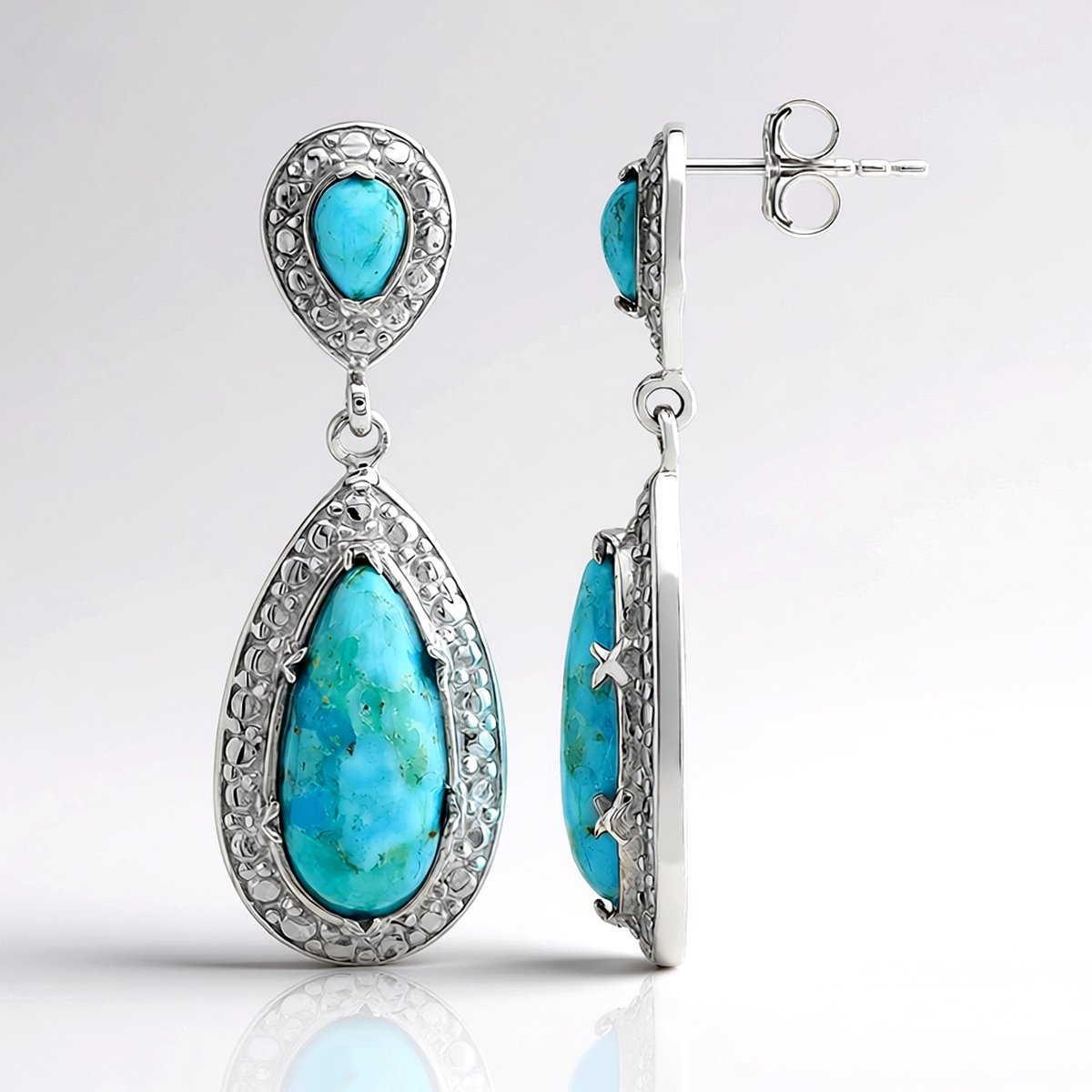 Cavill - 925 Sterling Zilver - Blauwe Kingman Mohave Turkoois 5,78 ct - Peervormige Druppel Oorbellen - Rhodium Verguld - Elegante Zomer Sieraden
