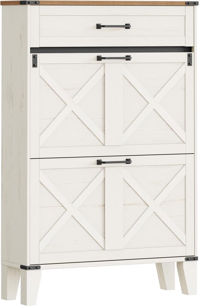 HILINSIE Smalle schoenenkast met 2 deuren, 1 grote lade, 16 paar schoenen | Verstelbaar schoenenrek, schoenenopbergruimte voor entree, hal, kledingkast, 24 x 76 x 117 cm, bruin en wit