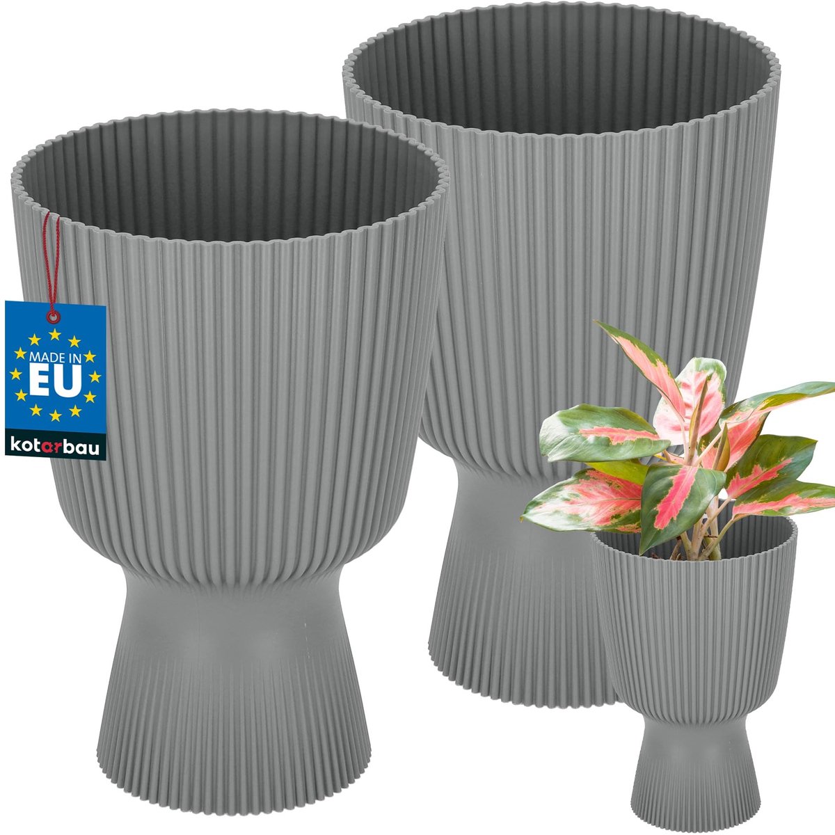 KOTARBAU® 2 Stuks - Bloempot - Plantenpot met Sokkel ⌀ 14 cm - PVC - Geribbelde Orchideeënpot - H: 21 cm - Grijs - Kelkvorm
