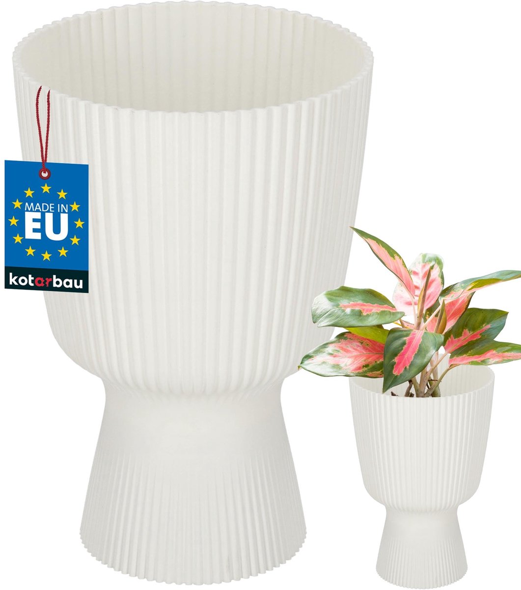 KOTARBAU® Bloempot - Plantenpot met Sokkel ⌀ 14 cm - PVC - Geribbelde Orchideeënpot - H: 21 cm - Wit - Kelkvorm