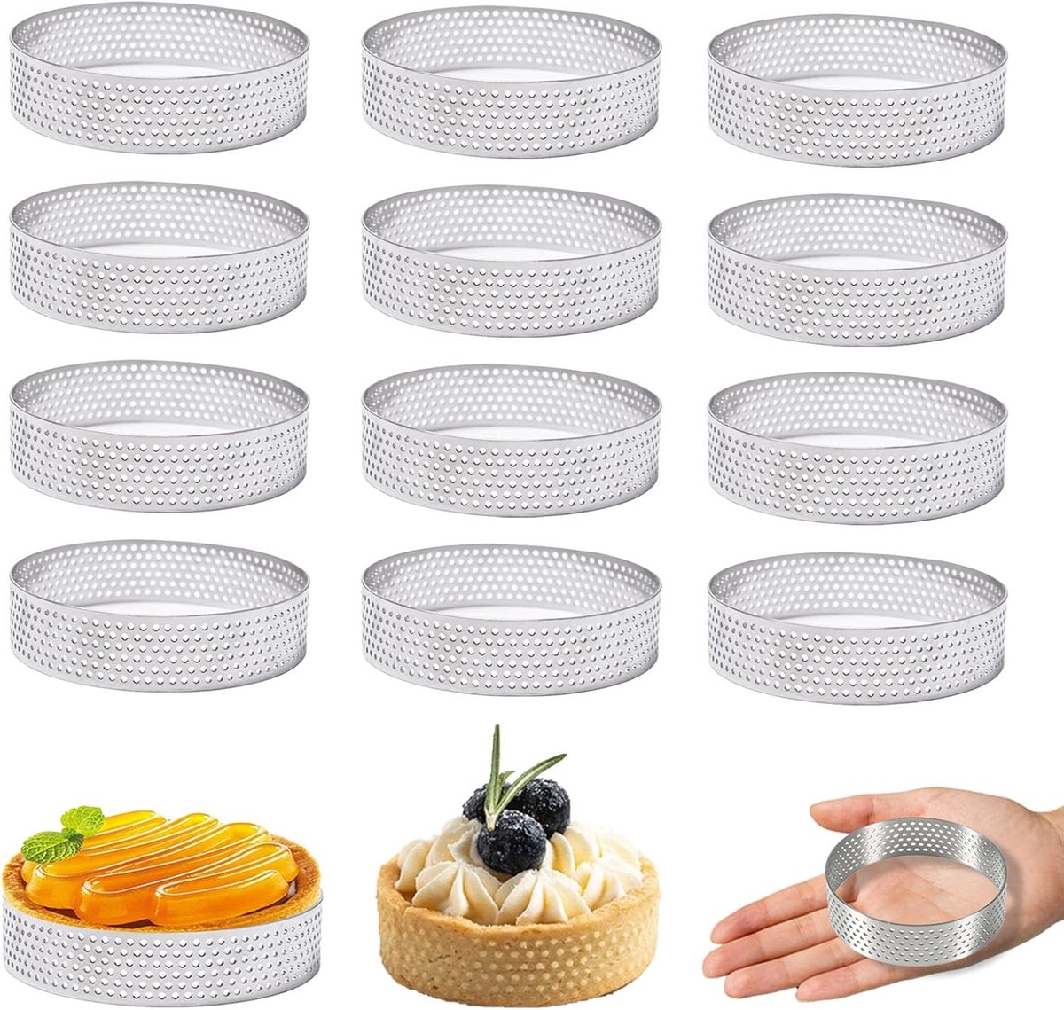 SnelShoppen - Mousse Tartlet Mallen, 12 Stuks 6 cm Roestvrij Staal Dessert Mousse Ringen, Taart Ringen met Ventilatiegaten, Bakvormen voor Taarten, Qu