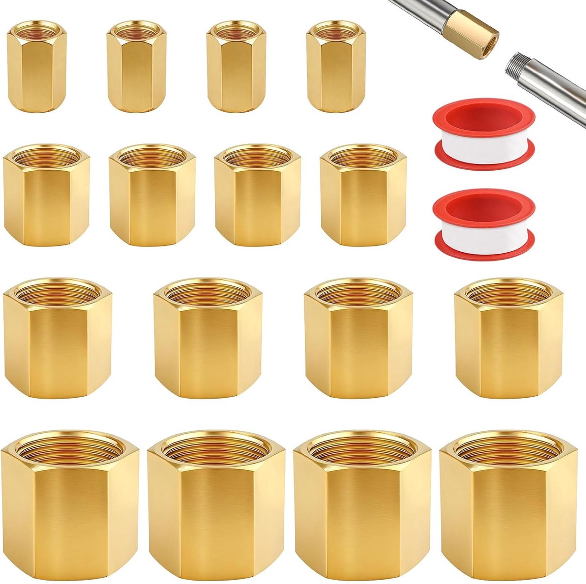 SnelShoppen - 12 Stuks Hexagonale Messing Fittingen 3/8, 1/4, 1/2, 3/4 Inch Met Dichtingstape - Voor Pijpaansluiting Water, Lucht, Olie