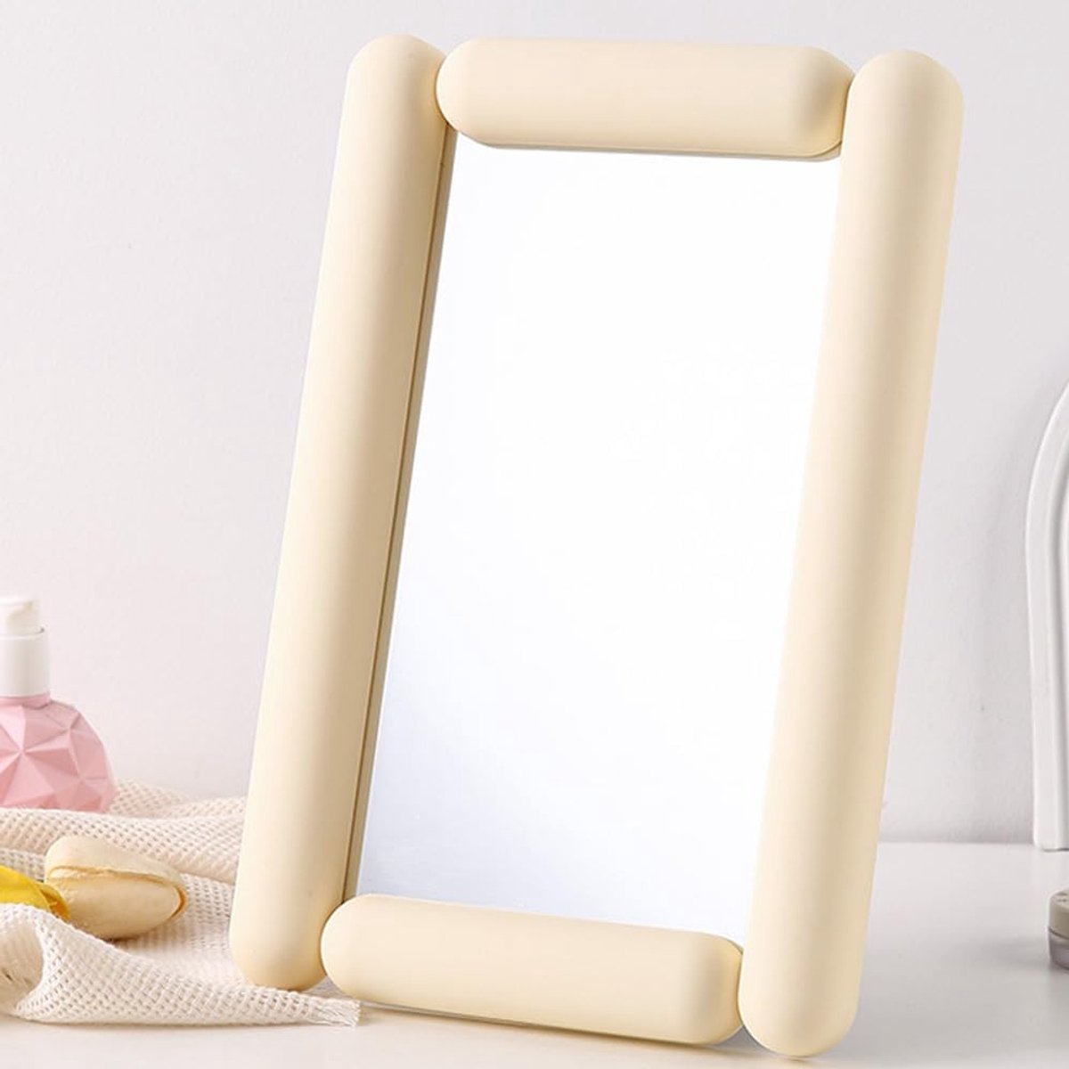 SnelShoppen - Desk Mirror met Stand, Make-up Spiegel, Cosmetische Spiegel, Decoratieve Wandspiegel voor Slaapkamer en Badkamer - Off White, 20cm x 30c
