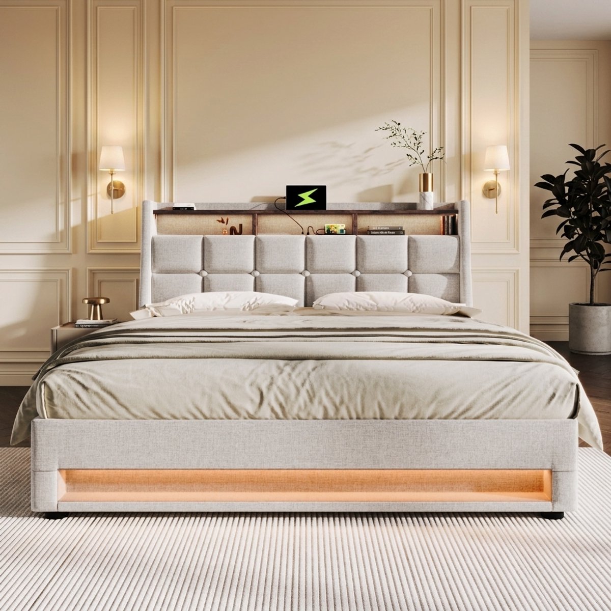 REDOM - Bed - LED-bed met USB-aansluiting en opbergruimte - Lattenbodem van metaal en hout - Stof - Tweepersoons - 180 x 200 cm - Beige - 185 x 210 x 117 cm