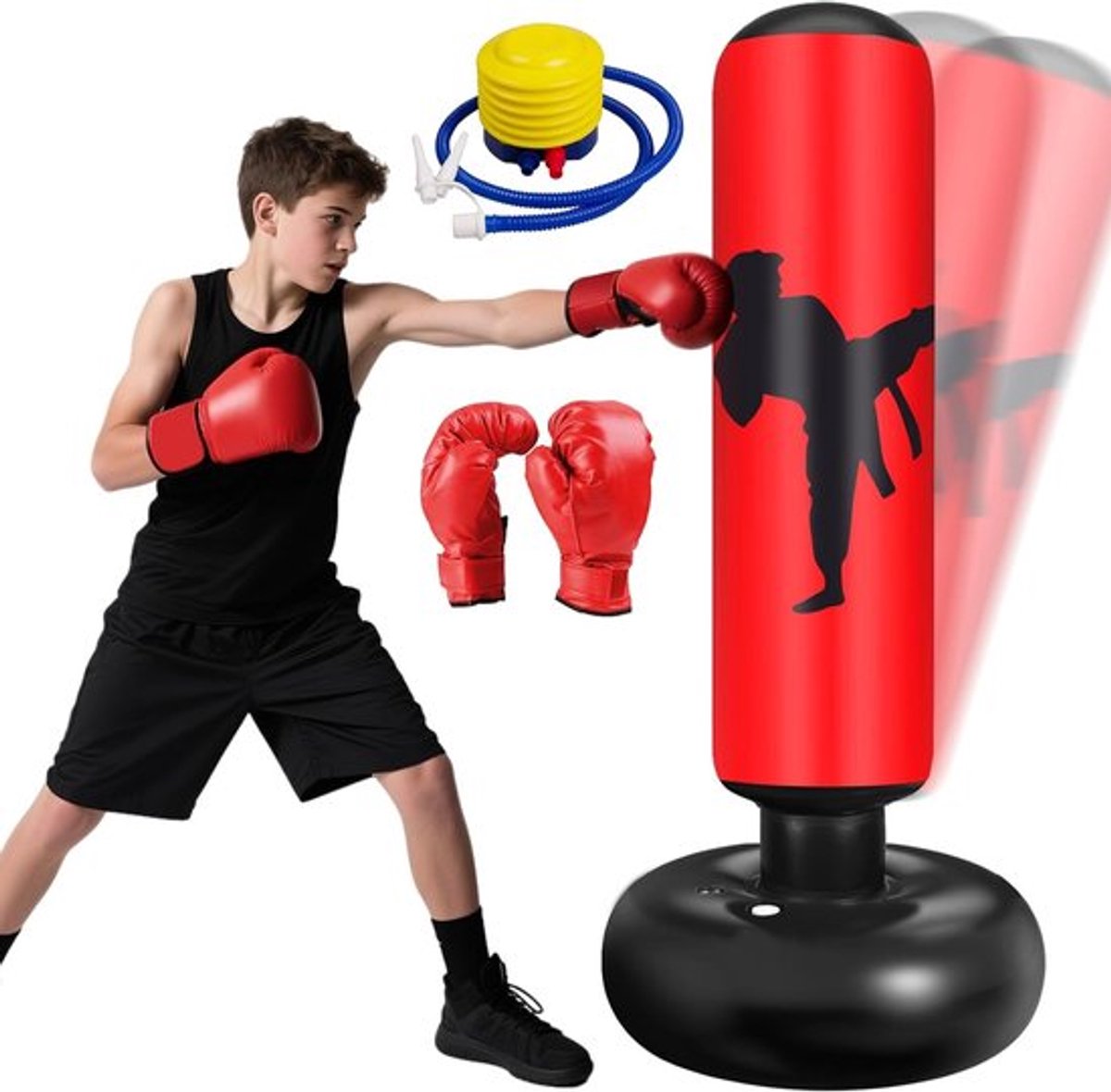 160 cm Kinderen Bokszak met Bokshandschoenen en Luchtpomp, Staande Stootzak voor Binnen en Buiten, Perfect voor Jongens en Meisjes van 3-12 Jaar, Ideaal voor Training en Sportactiviteiten