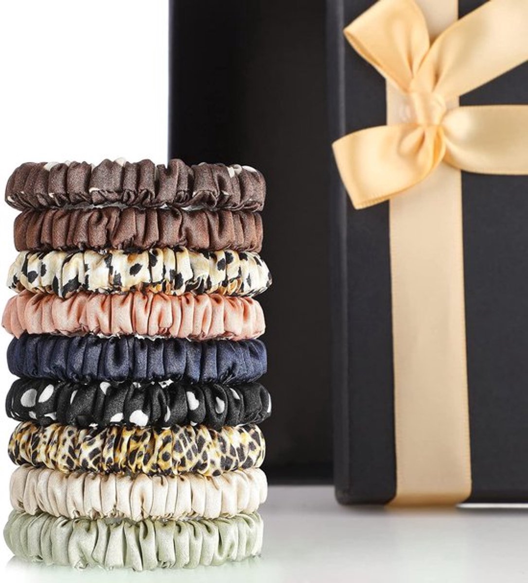 Set van 9 Dunne Zijde Scrunchies en Haarstrikken - Ponytail Houder Haaraccessoires voor Vrouwen en Meisjes in 9 Kleuren voor Feestdagen en Cadeaus