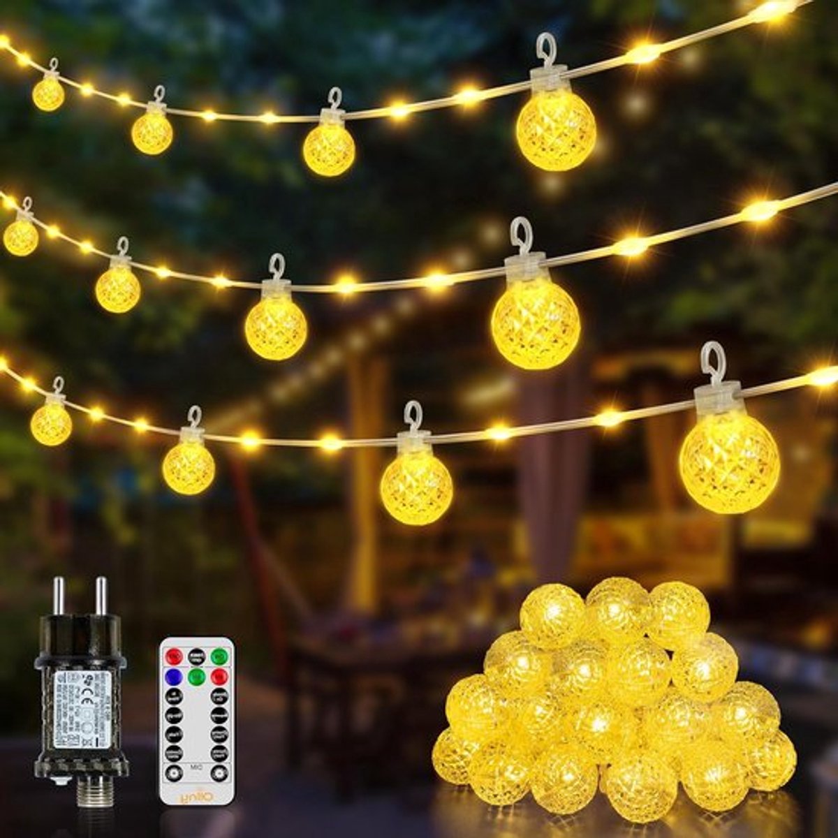 Buitenverlichting met afstandsbediening, 20 m, IP67 waterdicht, 8 standen, dimbaar, warm wit voor tuin, terras, balkon, bruiloft en feest