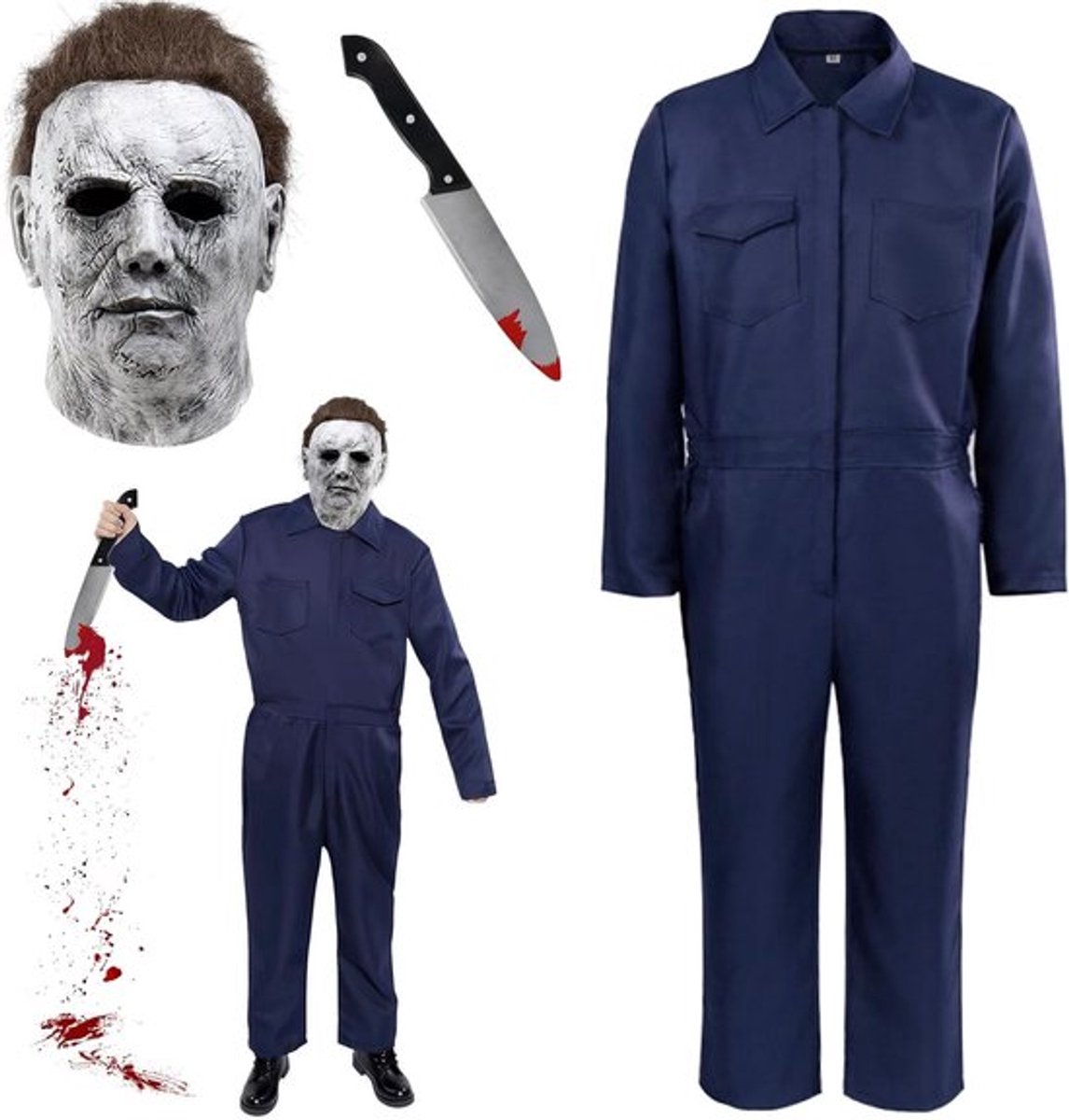 Griezelige Halloween Kostuum voor Volwassenen, Killer Overall met Creep Masker en Cosplay Outfit voor Feestjes en Evenementen
