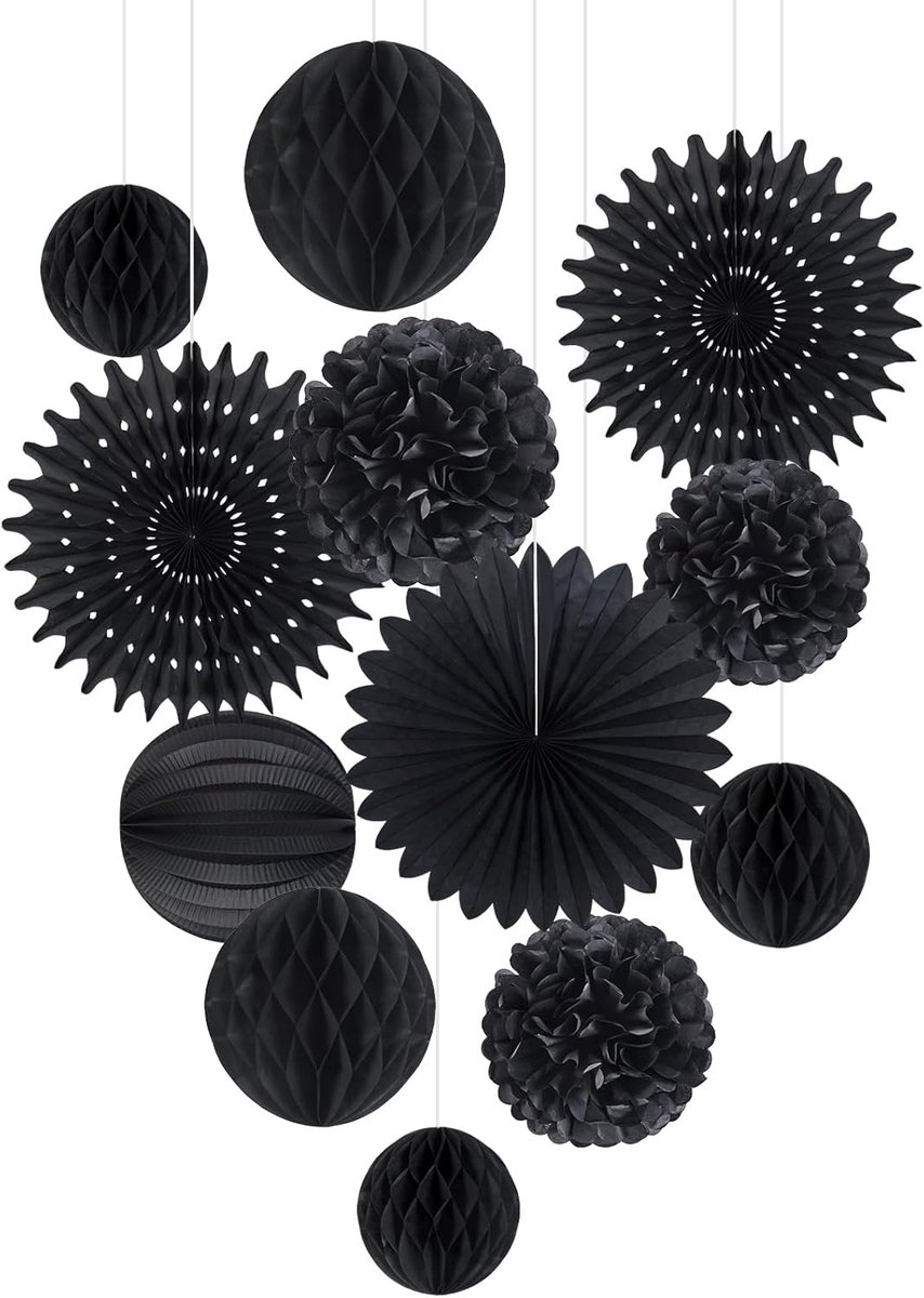 SnelShoppen - Decoratie Pompoms en Rozen Zwart - 2x35cm Papieren Rozen, 1x35cm Papieren Fan, 3x25cm Pompoms, 1x19cm Lampion, 2x20cm en 2x15cm Honingra