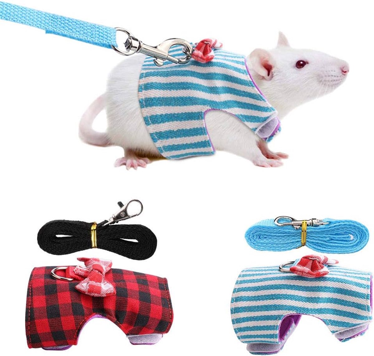 SnelShoppen - Dierenharnas Set voor Konijnen en Hamsters, Borstriem met Trekkoord, Rood Ruit en Blauwe Strepen, 2 Stuks, Maat XS voor Buitenactiviteit