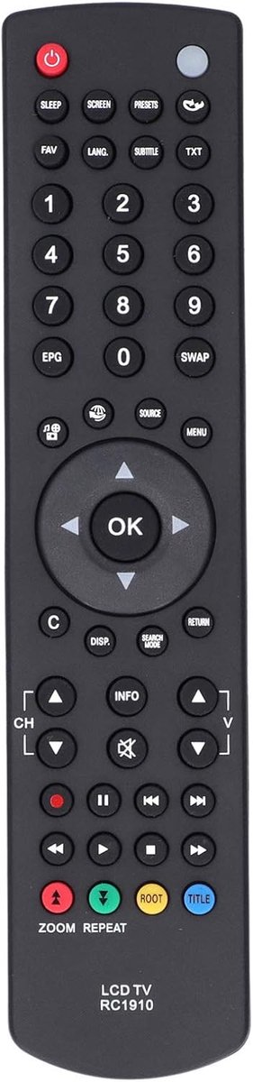 SnelShoppen - Universele Afstandsbediening voor LCD TV, RC1910 Vervangende Remote Control, Zwart, Geen Instelling Vereist, Duurzaam ABS Materiaal, Tot