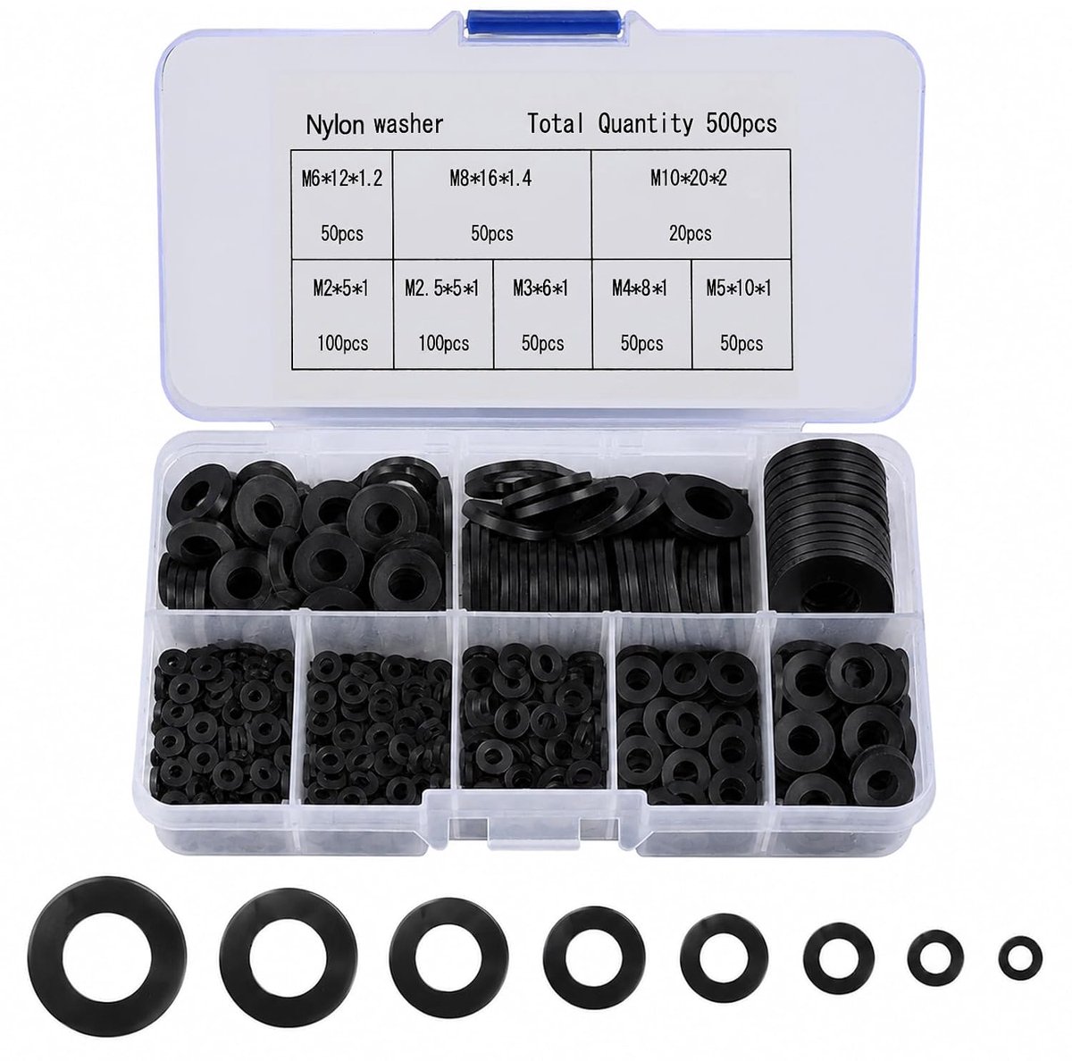 Pack of 500 Nylon Washers, 8 Sizes, M2/M2.5/M3/M4/M5/M6/M8/M10, Industrial Fastening Discs for Mechanical Electronic - ShopVlot