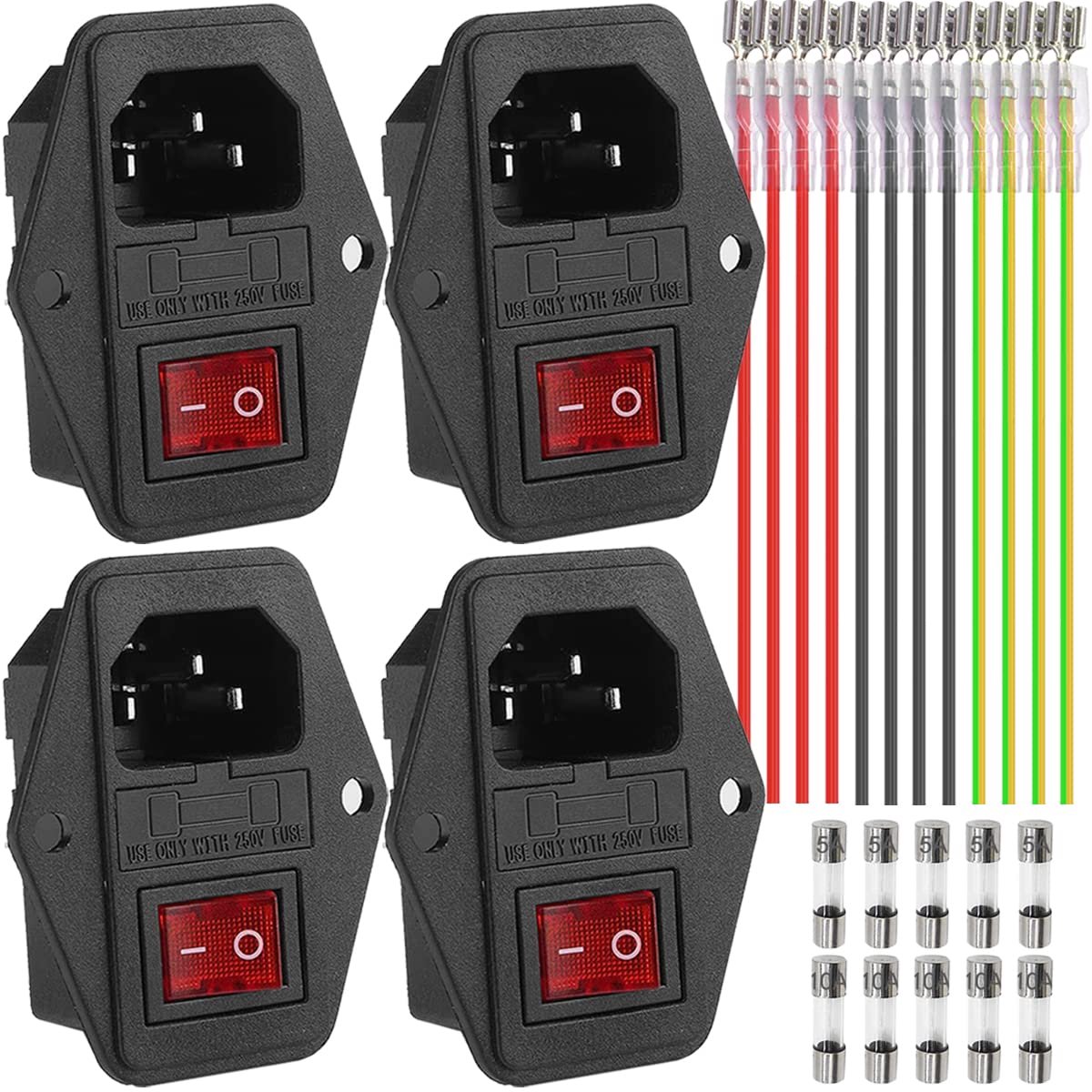 SnelShoppen - Inlet Module Plug Rocker Switch Voeding Socket IEC320 C14 5A Fuse Schakelaar 10A 250V 3-Pin Socket voor Waterkoker Computer, incl. 5x 5A