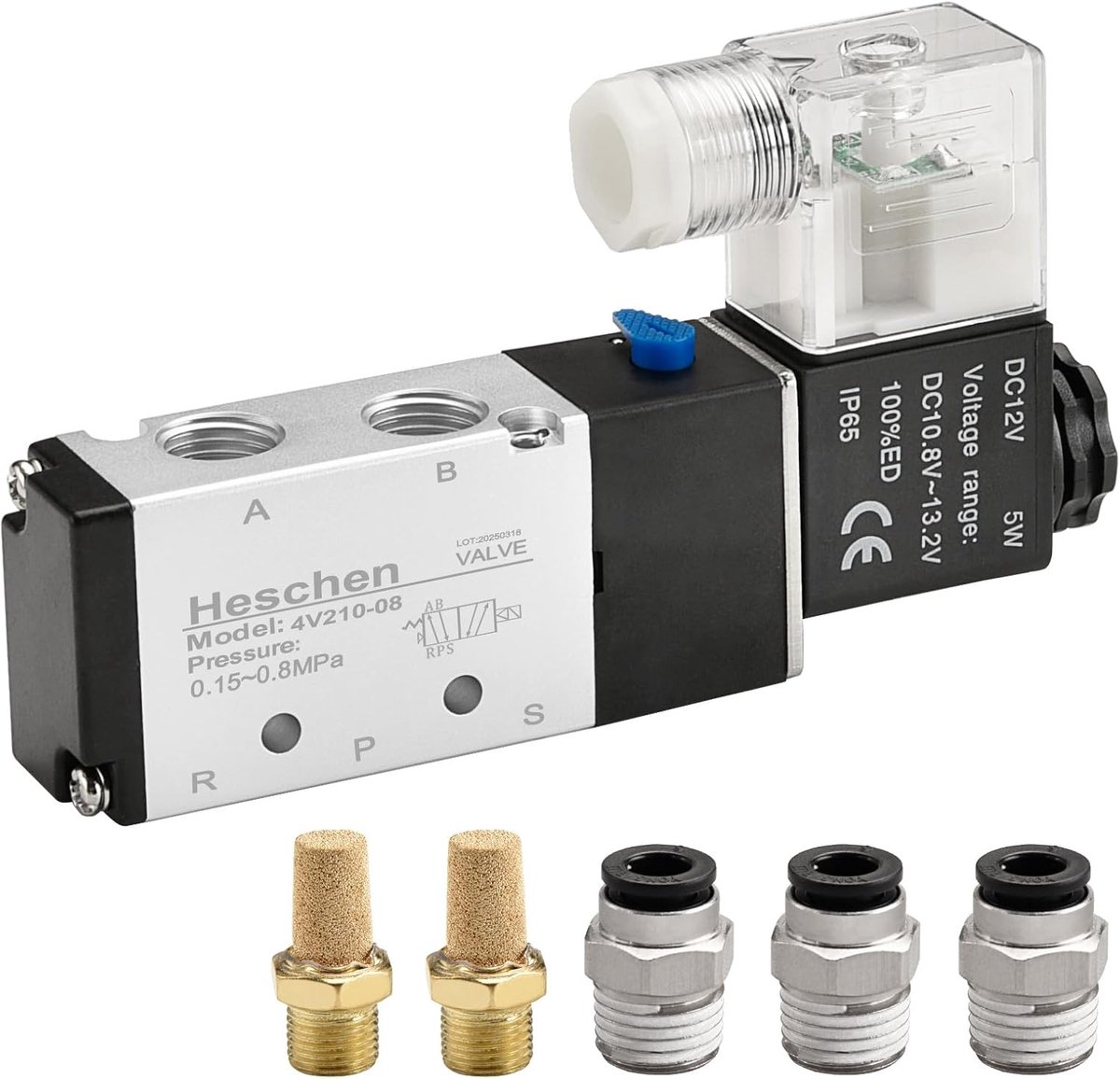 SnelShoppen - Elektrische Pneumatische Solenoidklep 4V210-08 12VDC 5 Weg 2 Positie Enkel Spoel Gecontroleerd CE met Aansluitstukken en Demper
