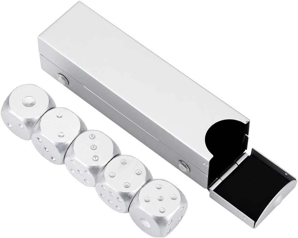 SnelShoppen - Set van 5 Dobbelstenen, Aluminium Legering, Tafelspel Dobbelstenen, Set voor Mannen, Luxe Opbergdoos, Zilverkleurig voor Poker en Bordsp