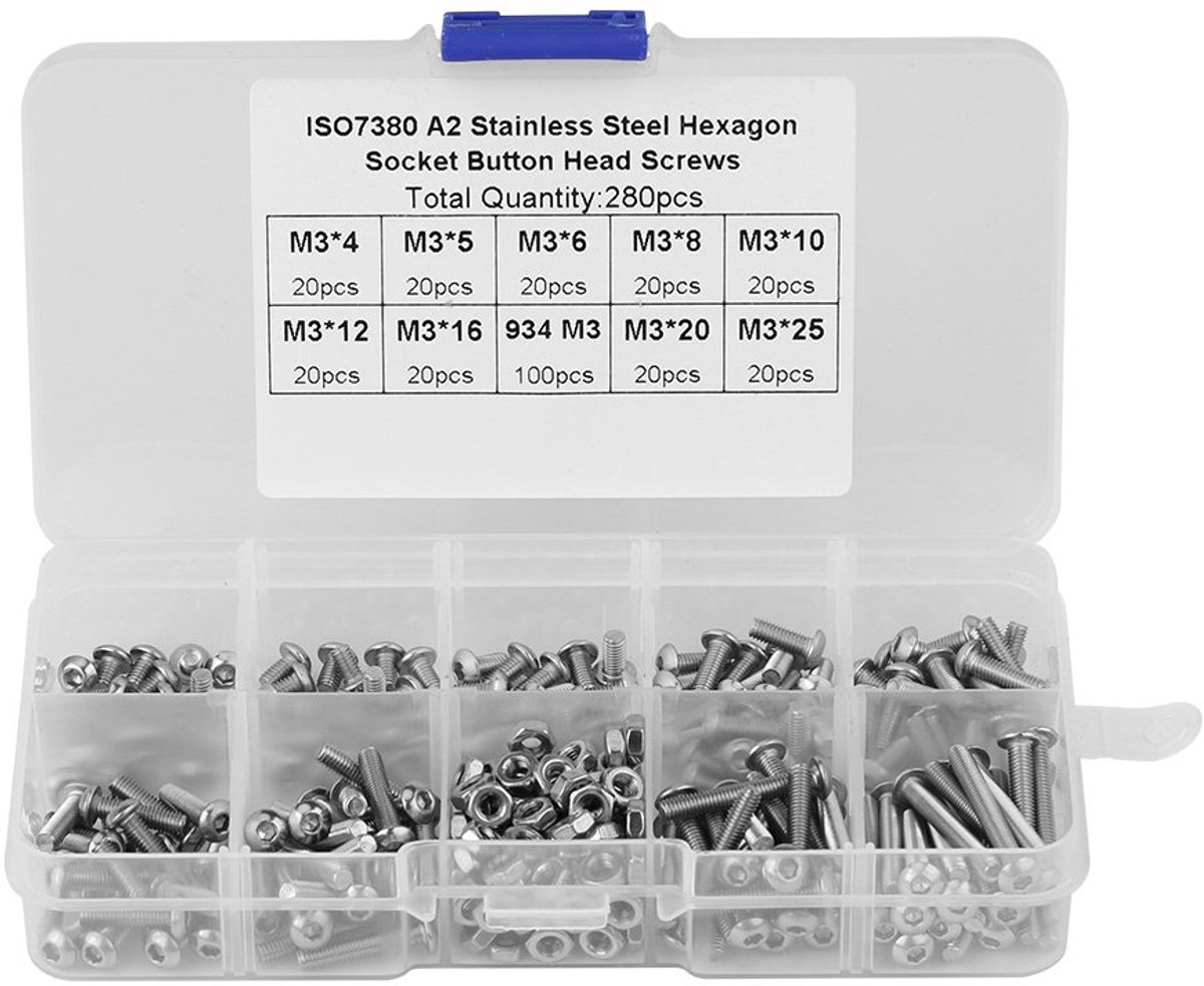 SnelShoppen - 280-delige roestvrijstalen cilinderschroeven en moeren assortiment met plastic opbergdoos M3 * 4/5/6/8/10/12/16/20/25 voor diverse kluss