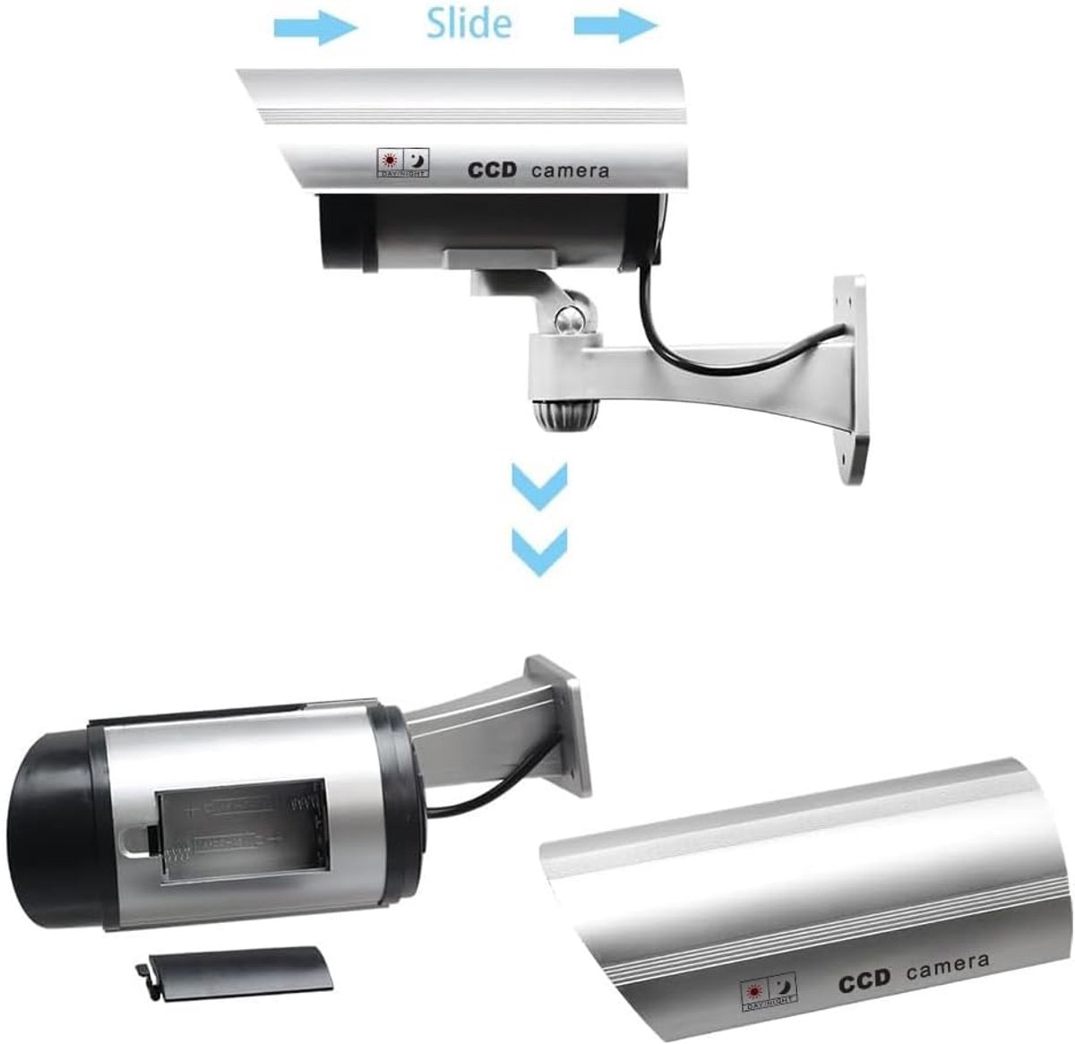 SnelShoppen - 4x Fake Camera Beveiligingscamera met Flitsende LED Licht - Realistische Dummy CCTV Camera - Eenvoudig te Installeren - Zilver