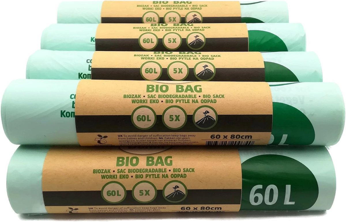 SnelShoppen - Biologisch afbreekbare en composteerbare vuilniszakken 60 liter - 50 stuks organische afvalzakken 60 x 80 cm - Geschikt voor keuken, tui