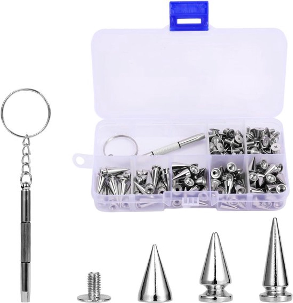 100 stuks punk klinknagels en studs set, metalen kegelspijkers 7mm met schroevendraaier voor leren kleding, riemen en accessoires, ideaal voor persoonlijk ontwerp en creativiteit