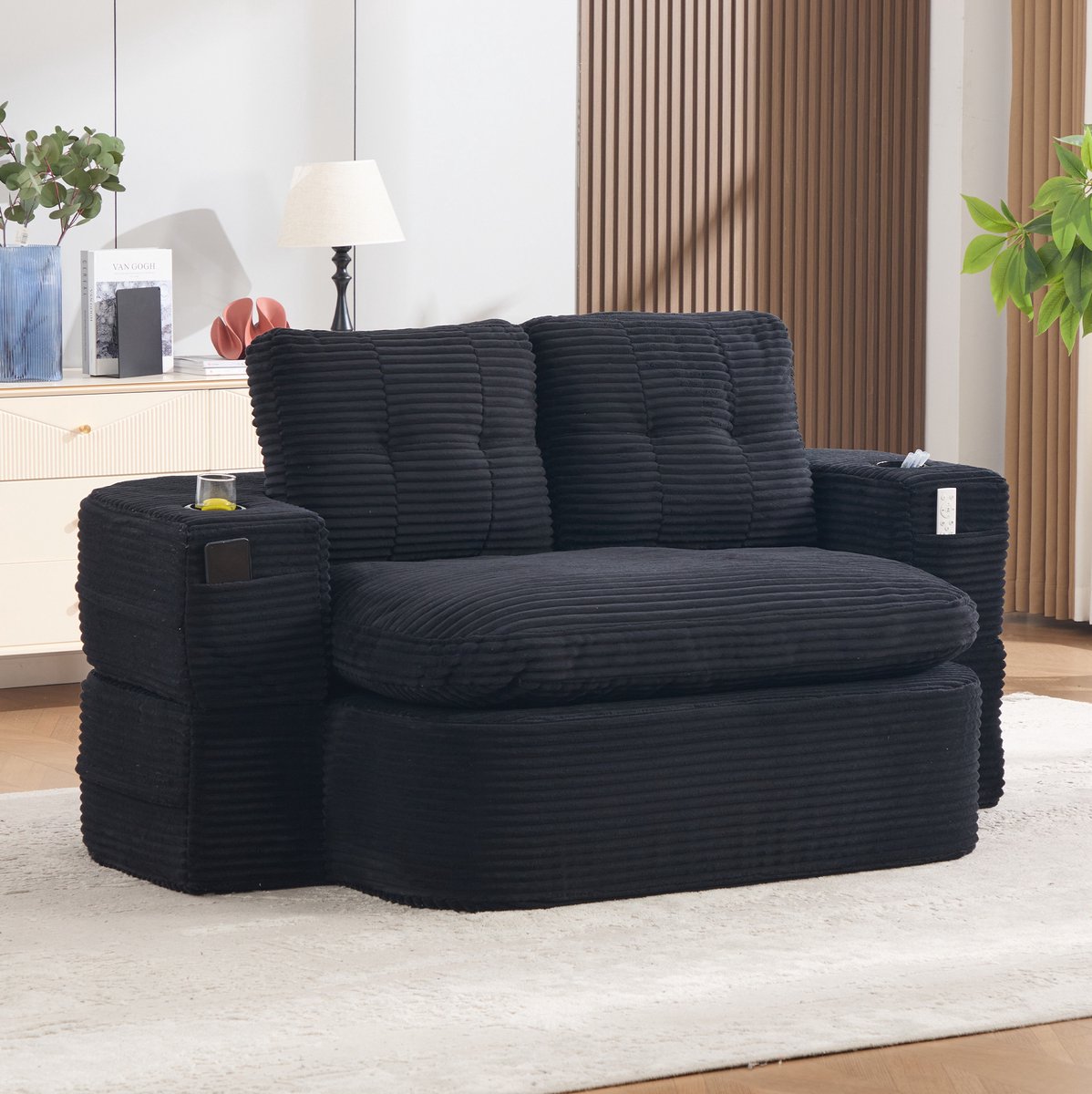 MIVRAY Slaapbank 2 Persoons - Corduroy Ligfunctie Met Hoge Rugleuning En Extra Diepe Zit - Voor Woonkamer En Lounge - Zwart