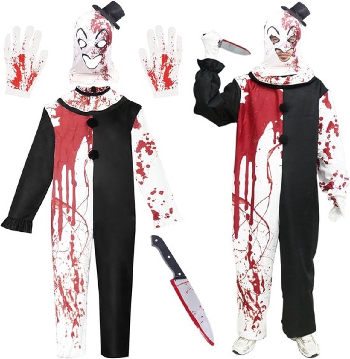 Terrifier Kostuum voor Halloween - Killer Clown Outfit met Hoed en Cosplay Masker voor Mannen - Horror Kostuum voor Carnaval en Feestjes