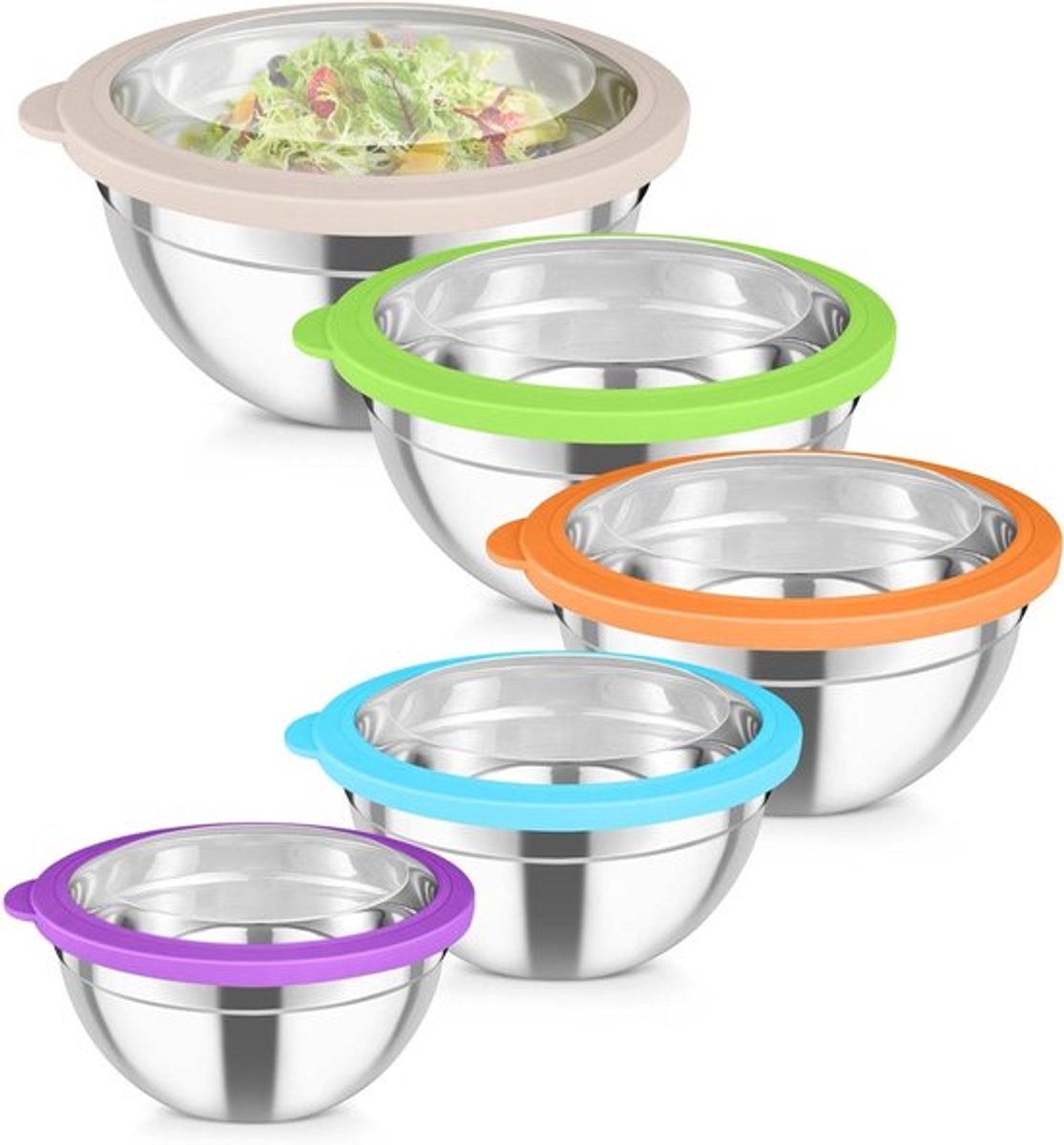 Mixkommen Set van 5 Stuks met Transparant Deksel - Kleurige Keukenaccessoires voor Bereiden en Serveren