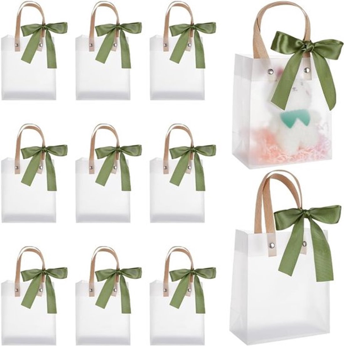 24 Stuks Doorzichtige Plastic Geschenkzakken met Handgrepen - Herbruikbare Matte Tas voor Feestjes, Cadeaus en Decoratie - 23,3 x 13 x 7 cm met Olijfkleurig Lint
