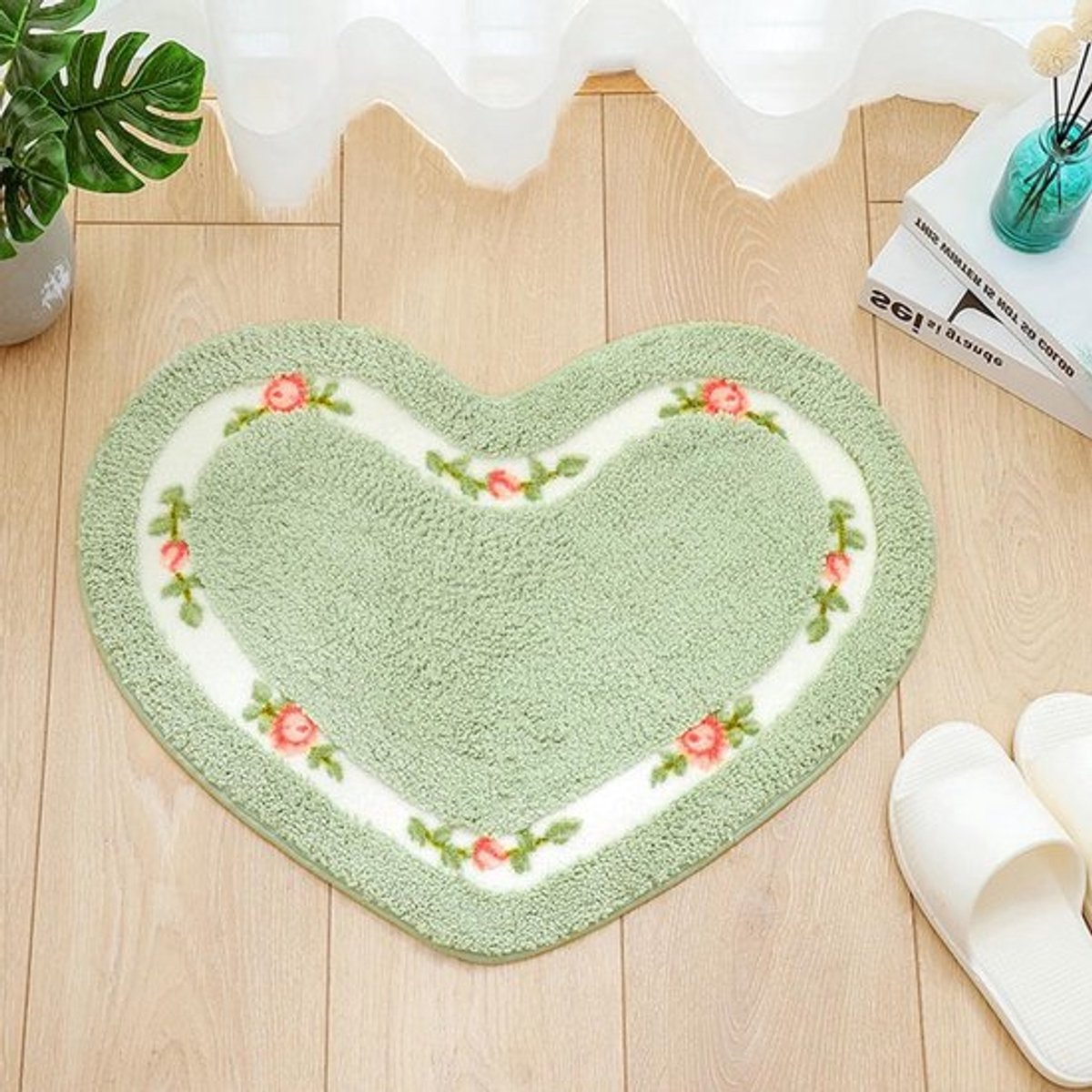 Absorberende Badkamer Mat met Snelle Droogtijd en Antislip, Hartvormige Vloerkleed voor Badkamer, Groen 45 x 50cm