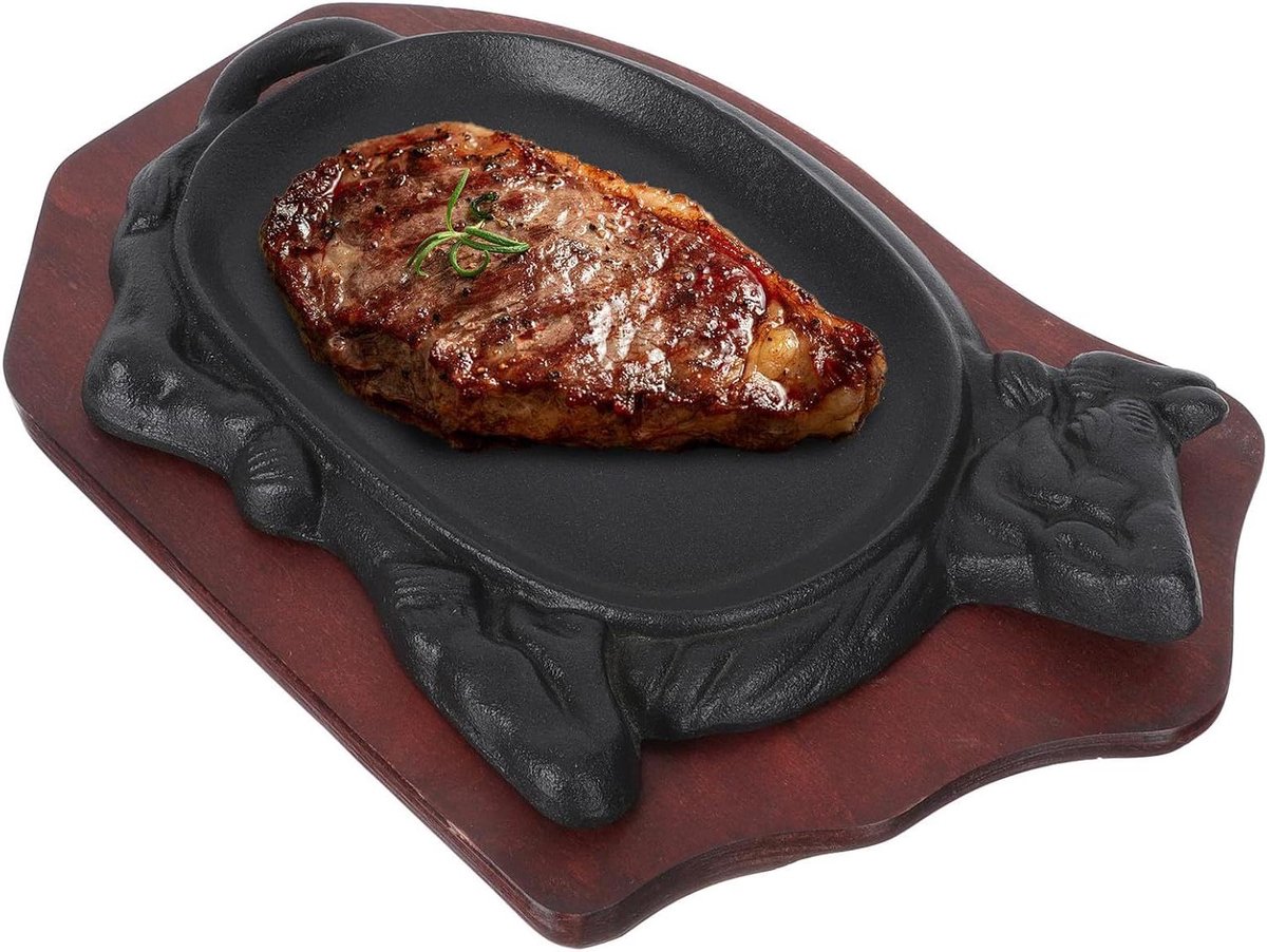 Gietijzeren Teppanyaki Grillplaat - Biefstukpan Visplaat - Thuis Grillen - Antiaanbaklaag Houten Tray - 28.5 cm - Zwart