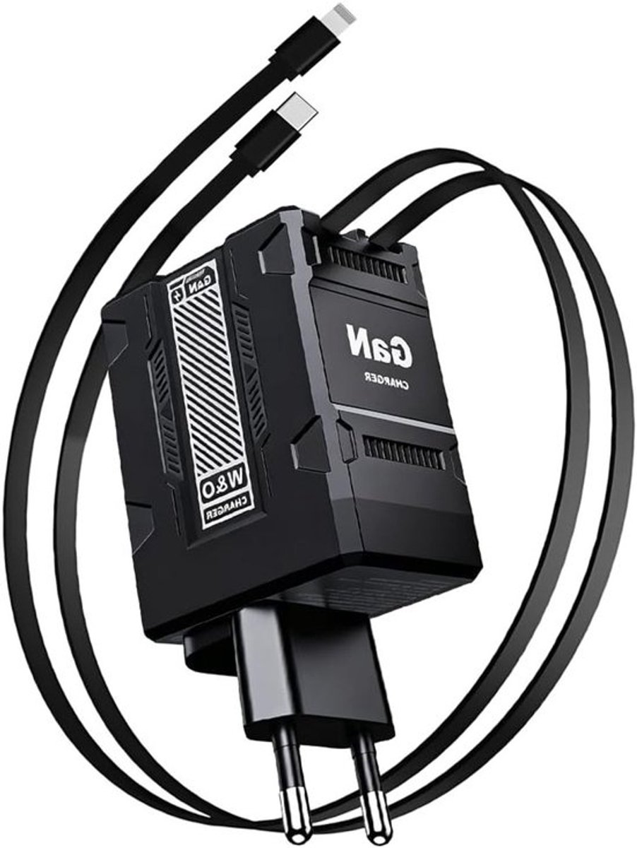 Krachtige 2-in-1 snellader 120 W met intrekbare kabel, USB-C en type-L, ideaal voor Android en iOS apparaten, compact en gebruiksvriendelijk