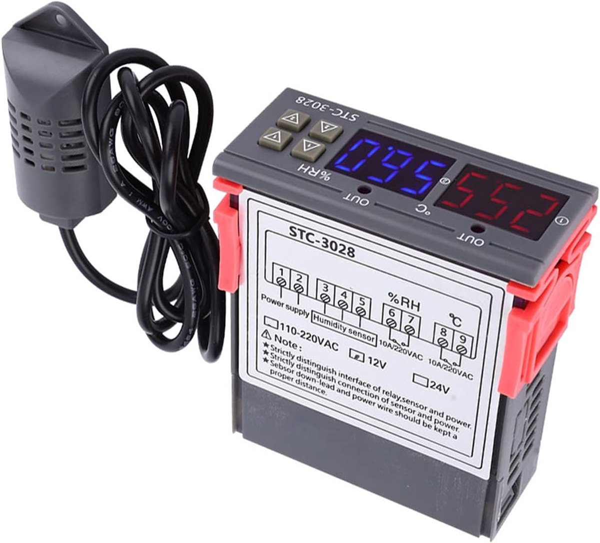 SnelShoppen - Digitale Thermostaat STC-3028 Temperatuur- en Vochtigheidsregelaar met Dubbele Weergave, 12V/24V/110V, ABS Vlamvertragend Plastic, Gesch