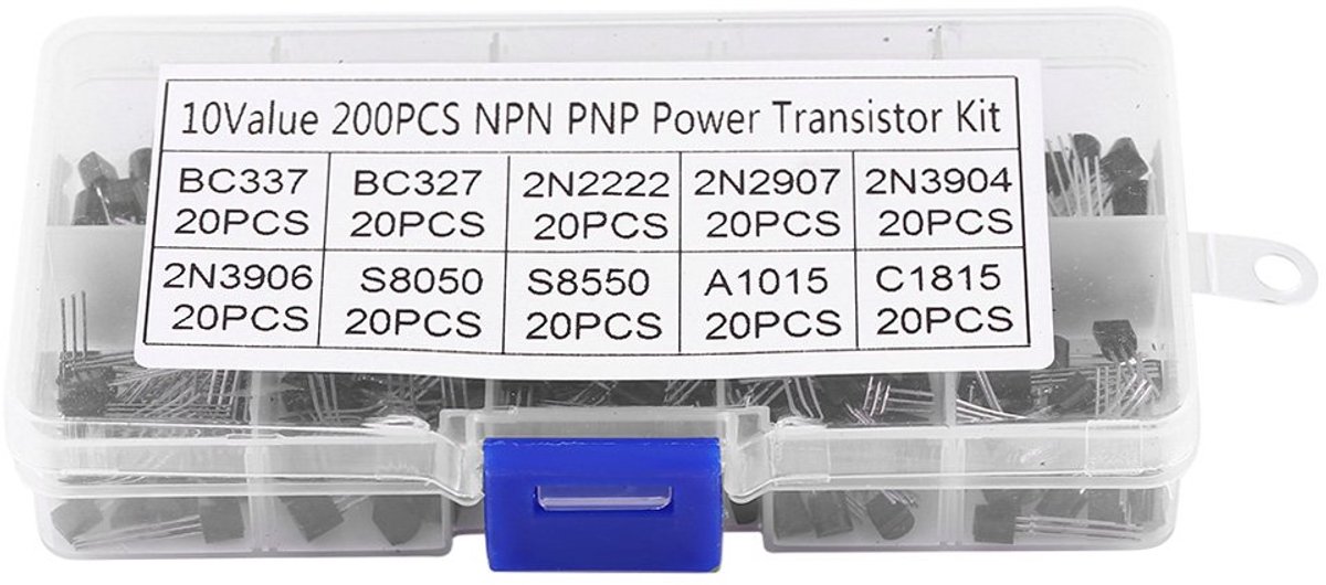 SnelShoppen - Transistor Assortiment Kit 200Pcs, Siliconen Transistors, 10 Waarden, BC337, BC327, 2N2222, 2N2907, 2N3904, 2N3906, Diodes, BJT Transist
