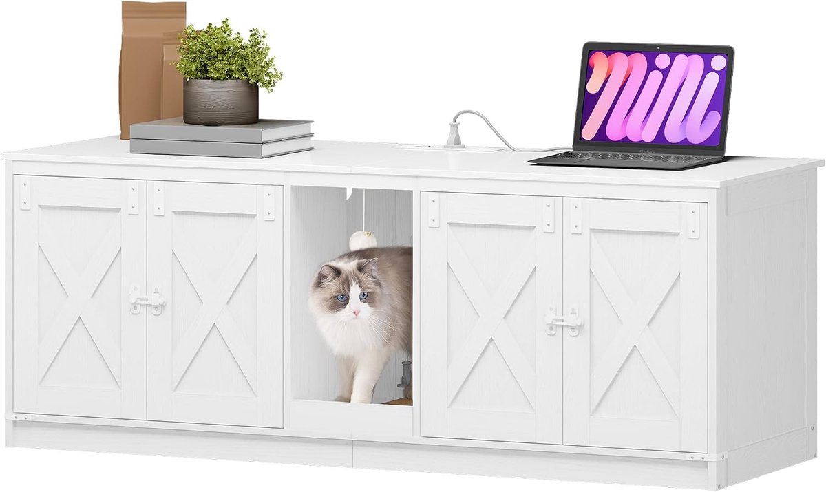 Hzuaneri Kattenkast, 140 × 50 × 53,5 cm, Kattenbakkast, Wit, met USB-poorten en stopcontacten, Kattenbak voor 2 katten, Binnenkattenhuis met kattenbel