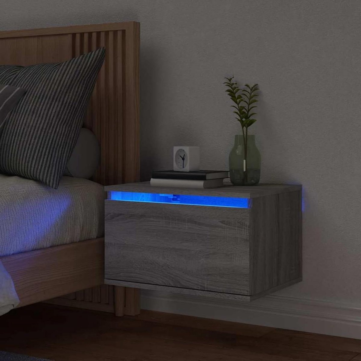 Wandnachtkastje met LED - Hangend nachtkastje Zwevend meubel - Slaapkamer opbergen - RGB LED-verlichting