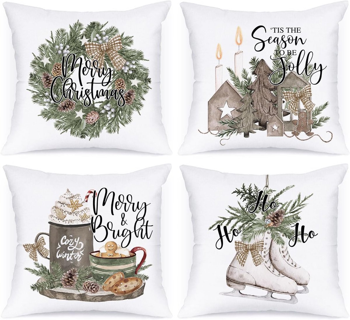 SnelShoppen - Set van 4 Kerst Kussenslopen 45x45 cm, Gingerbread Mannen Woud Decoratieve Hoofdkussens, 100% Satijn Polyester, Kindvriendelijk, Perfect