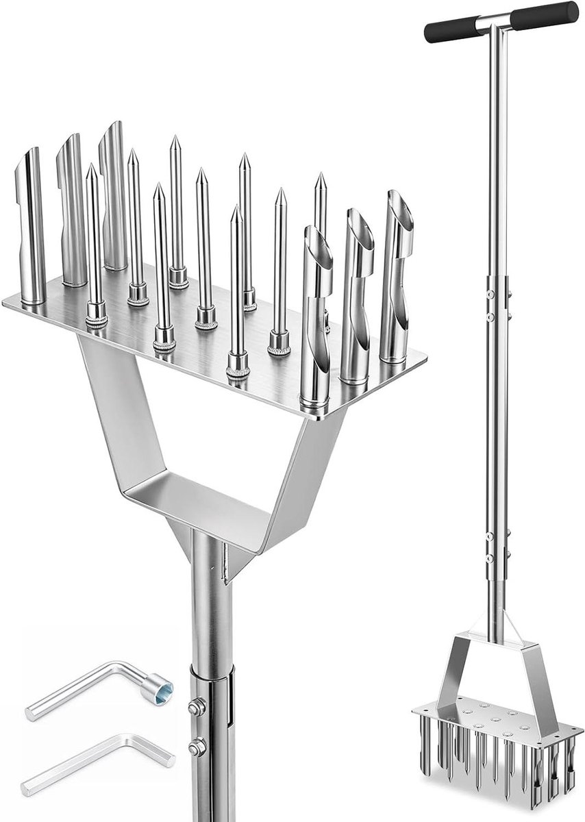 Gazonbeluchter Kernbeluchter - Bodemverbeteraar Tuin - Grasveld Onderhoud - 2-in-1 Functie - 9 Spikes 6 Kernen - Zilver