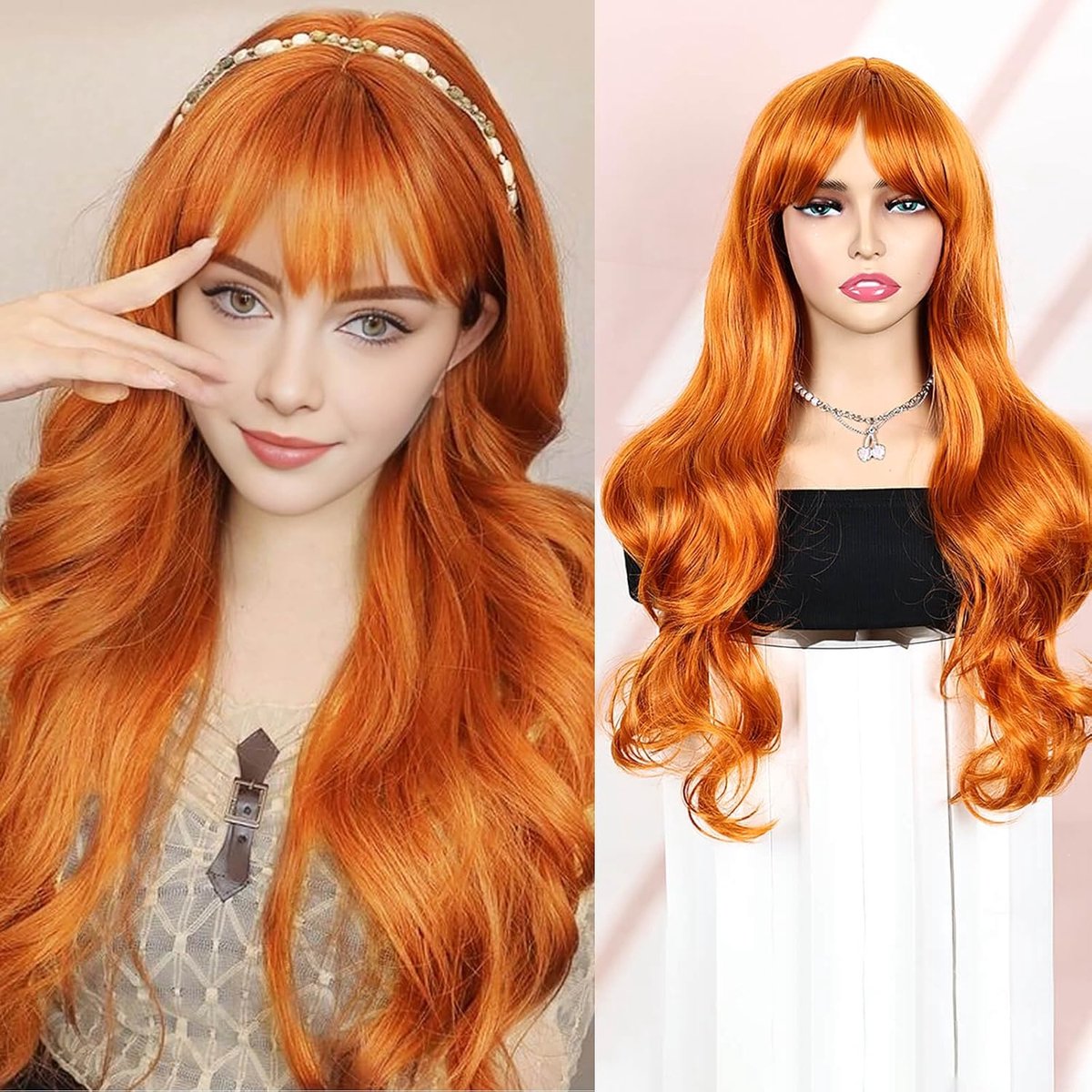 SnelShoppen - QUEENTAS 22" Gember Perücke - Lange Synthetische Haarperücke met Pony voor Dagelijks Gebruik & Halloween Cosplay