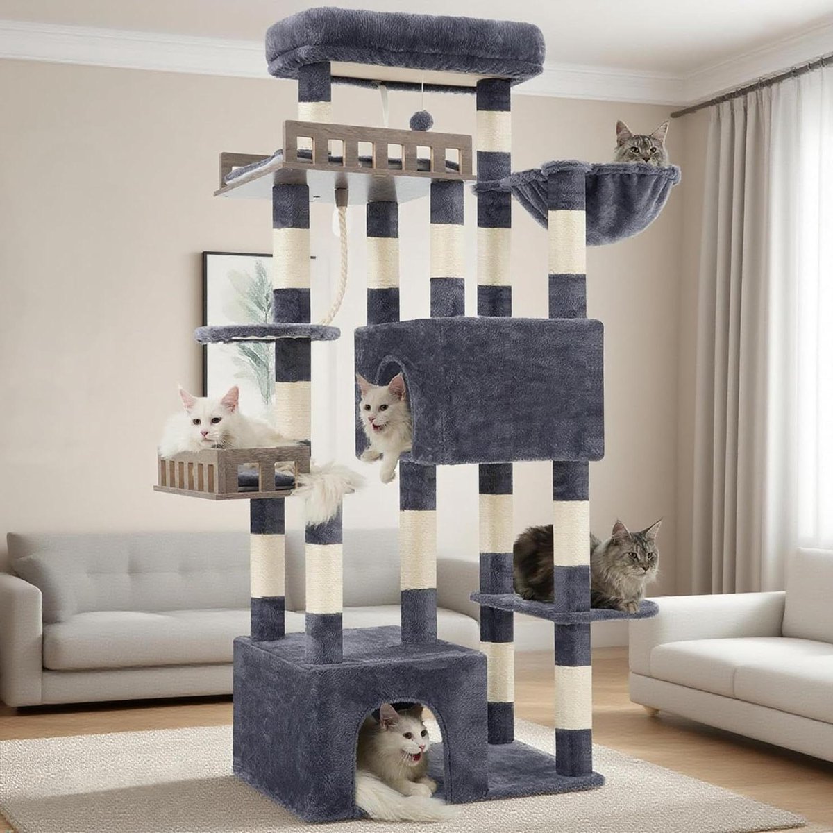 Grote krabpaal - Katten klimboom - Katten spel en rust - Met hangmat en holen - 174 cm hoog - Rookgrijs